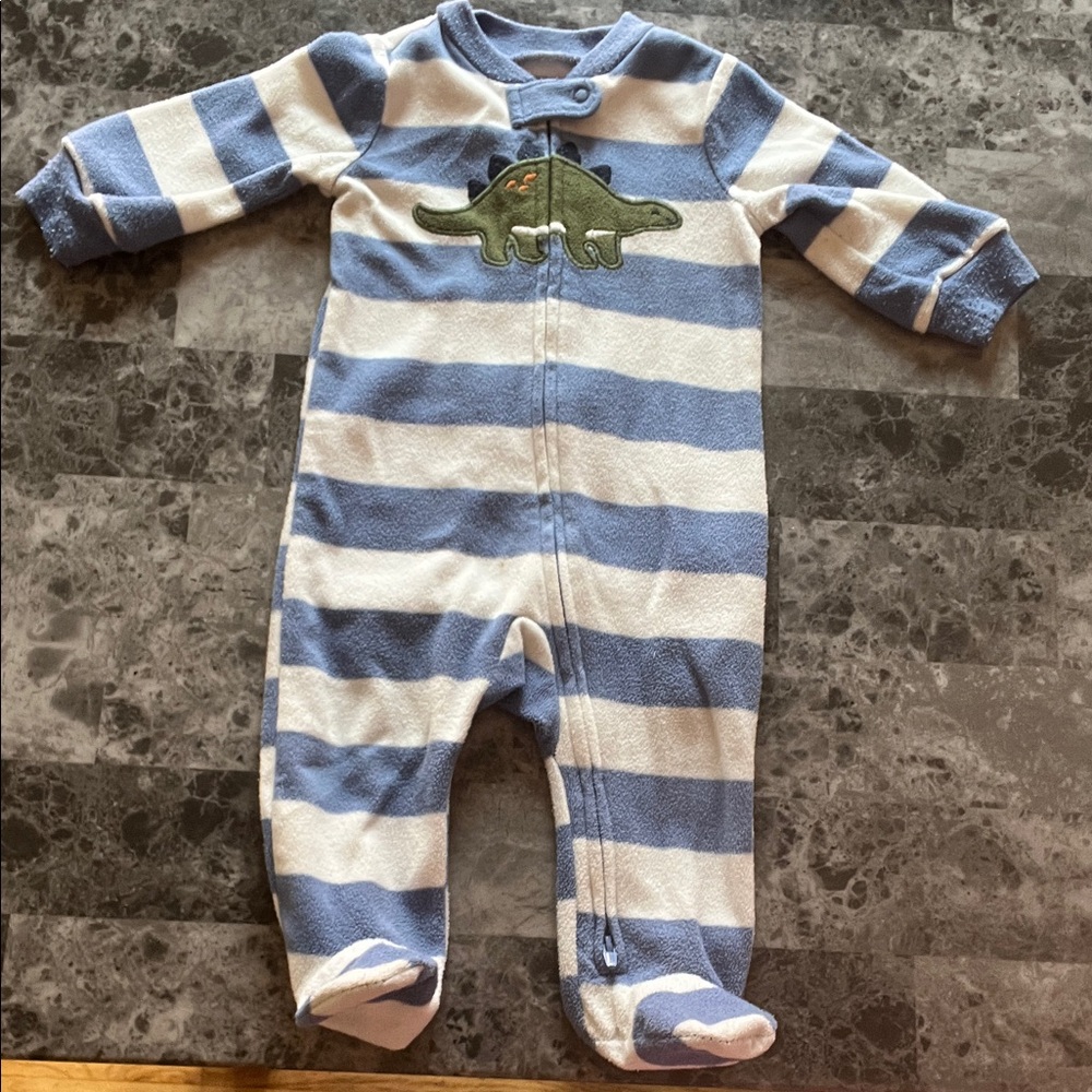 Carter's Blue and White Striped Footie with Dinosaur